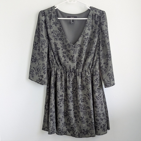 Dark Olive Green Floral V-Neck Lightweight 3/4 Sleeve Mini Dress - Picture 1 of 7